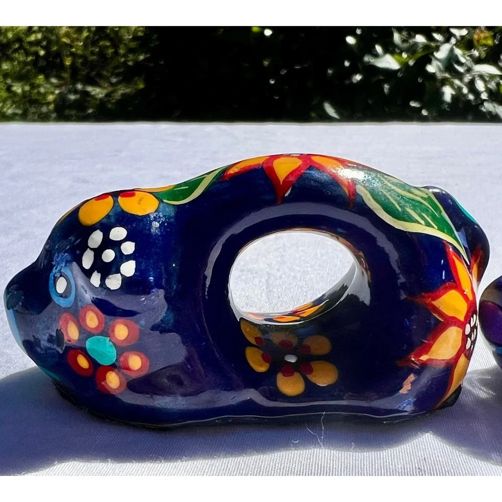 Talavera Pig Napkin Rings Set of 4 Hand Painted Mexican Pottery Floral Blue